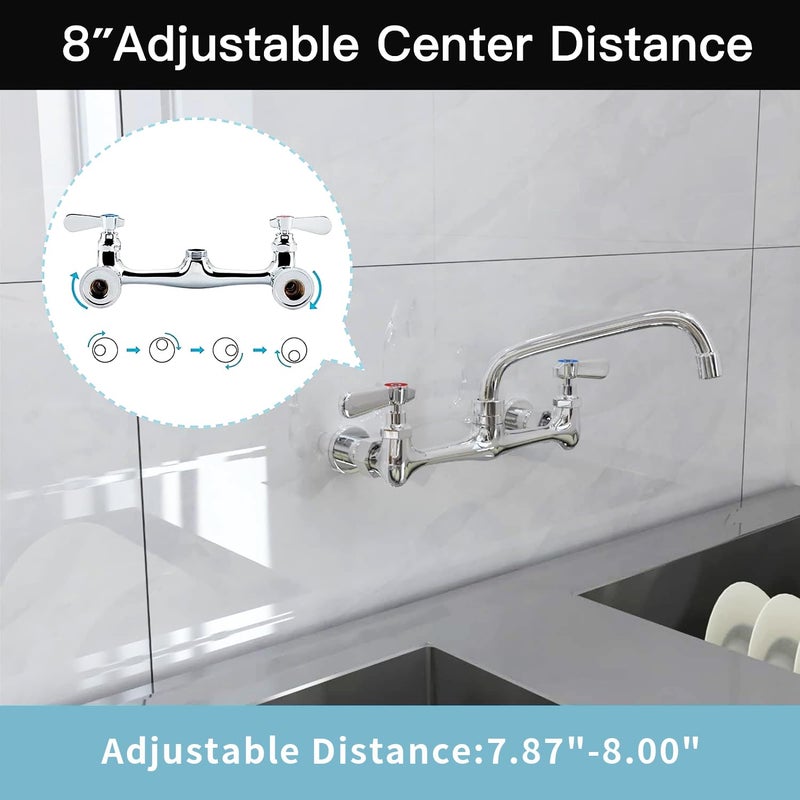 BWE Kitchen Faucet Wall Mount Commercial Sink Faucet Kitchen Utility Laundry 8â€œ Swivel Spout 2 Dual Handle Restaurant Chrome Mixer Tap - Image 3